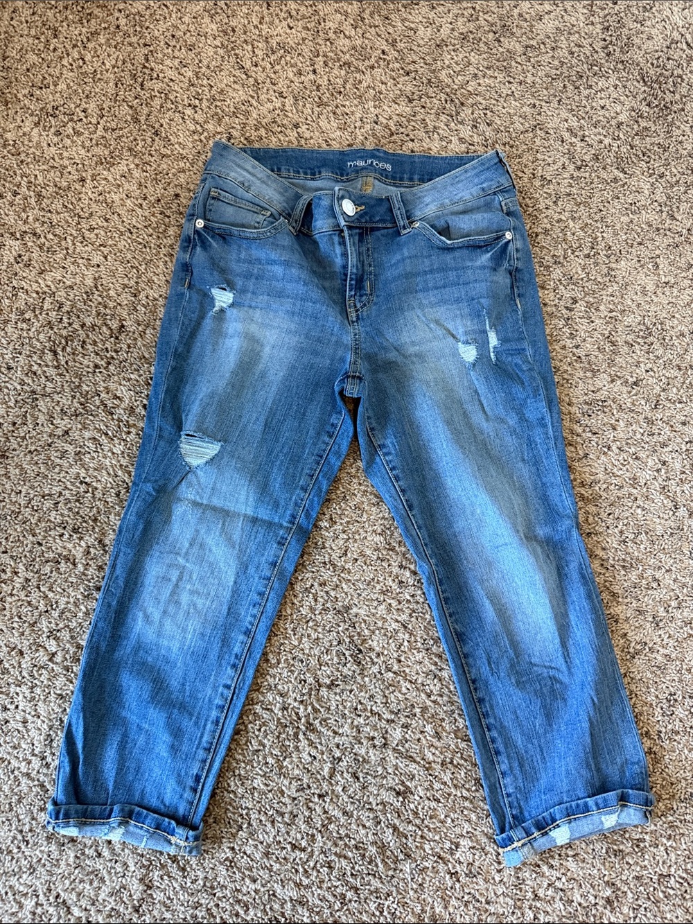 Maurices Medium Blue Cropped Boyfriend Jeans with Distressed Details